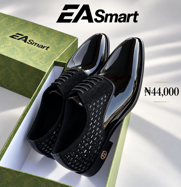 EA Smart black glossy lace-up dress shoes with textured heel detailing, ₦44,000